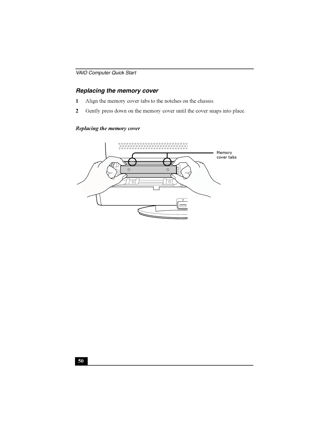 Sony PCV-V200G, PCV-V210P quick start Replacing the memory cover 