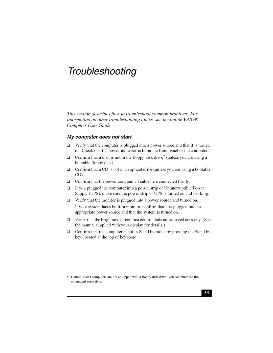 Sony PCV-V210P, PCV-V200G quick start Troubleshooting, My computer does not start 