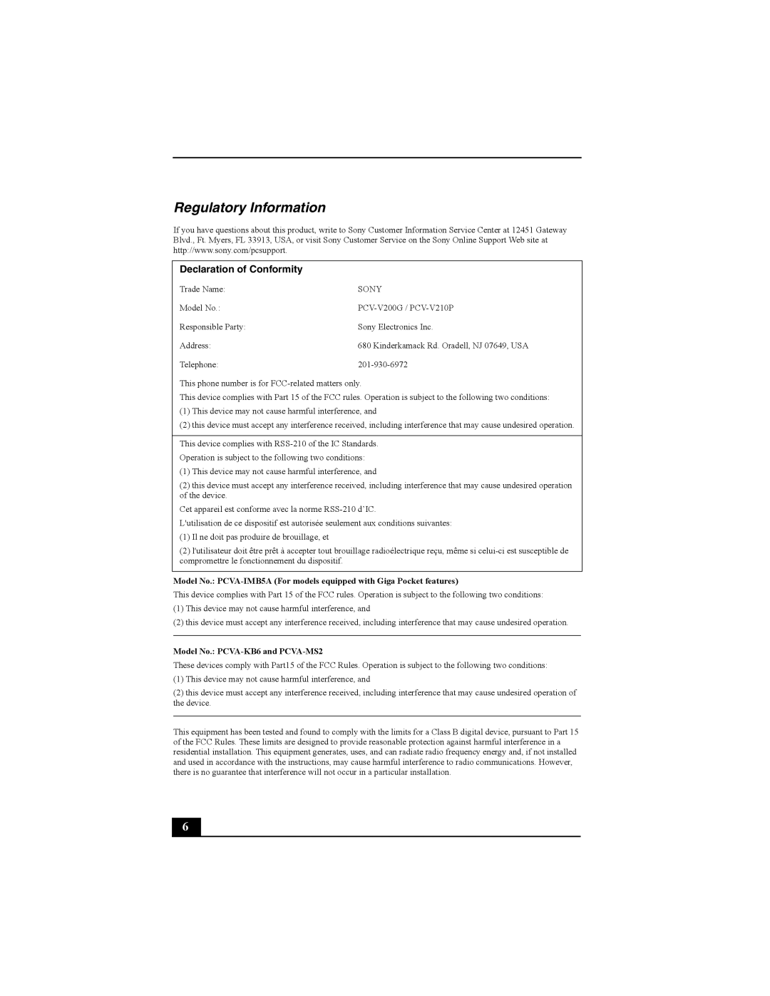 Sony PCV-V200G, PCV-V210P quick start Regulatory Information, Declaration of Conformity 