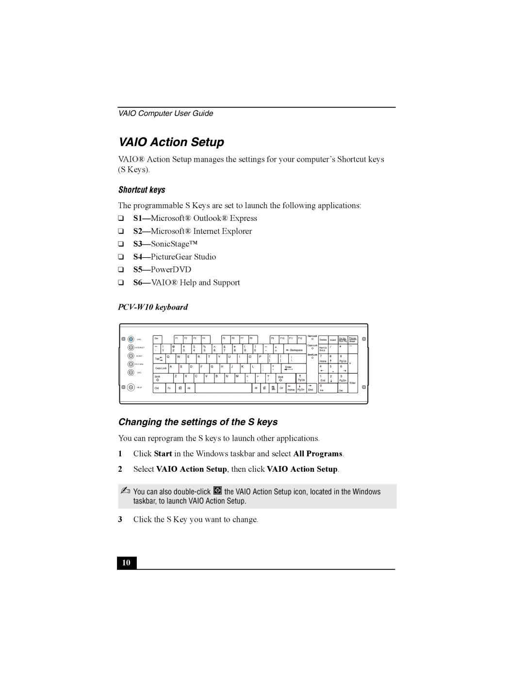 Sony PCV-W10 manual Vaio Action Setup, Changing the settings of the S keys, Shortcut keys 