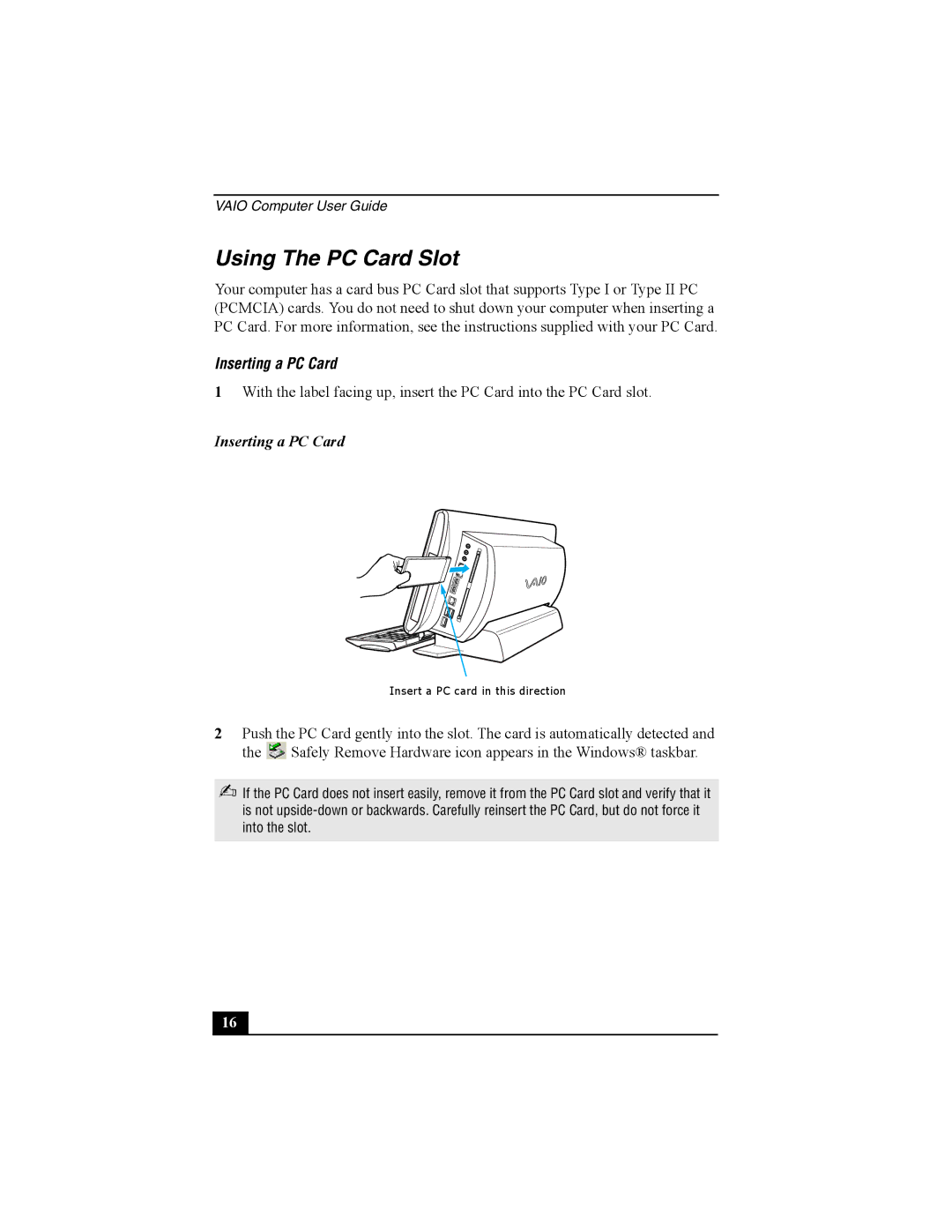 Sony PCV-W10 manual Using The PC Card Slot, Inserting a PC Card 