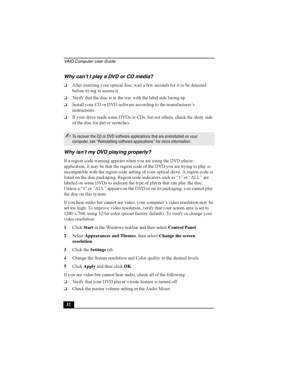 Sony PCV-W10 manual Why can’t I play a DVD or CD media?, Why isn’t my DVD playing properly? 