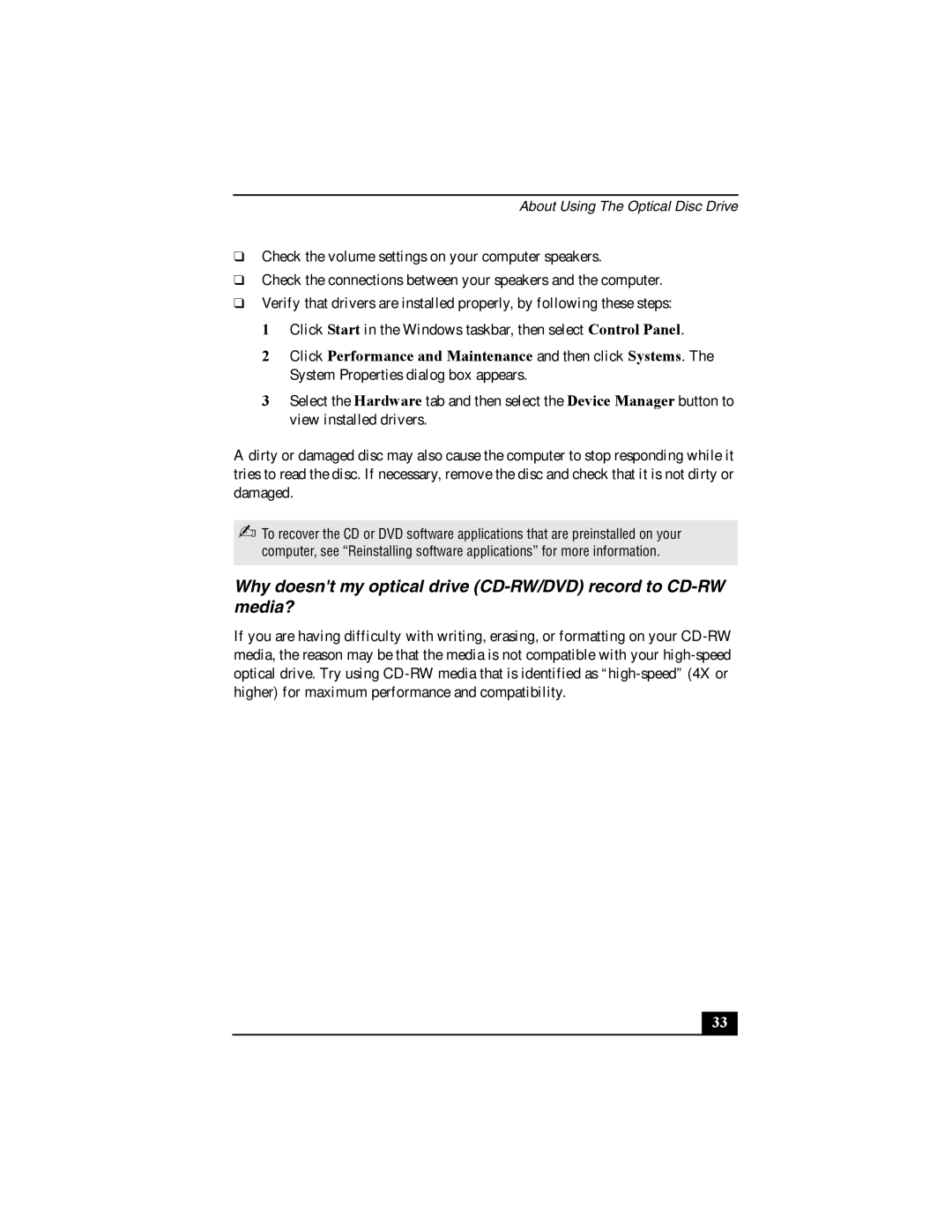 Sony PCV-W10 manual Why doesnt my optical drive CD-RW/DVD record to CD-RW media? 