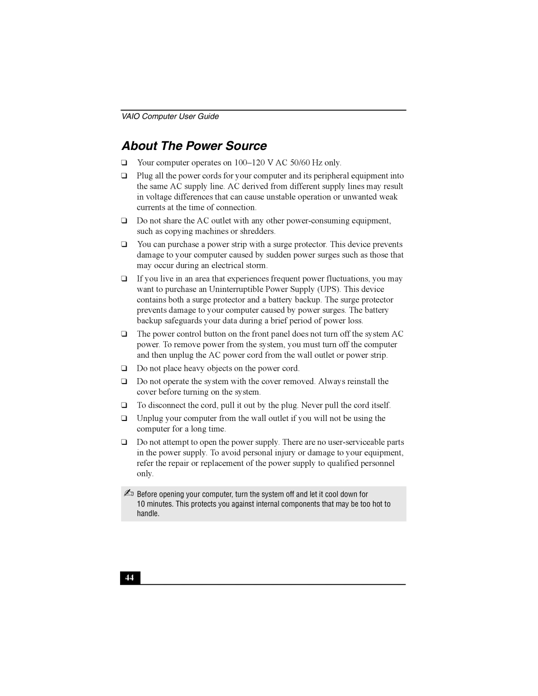 Sony PCV-W10 manual About The Power Source 