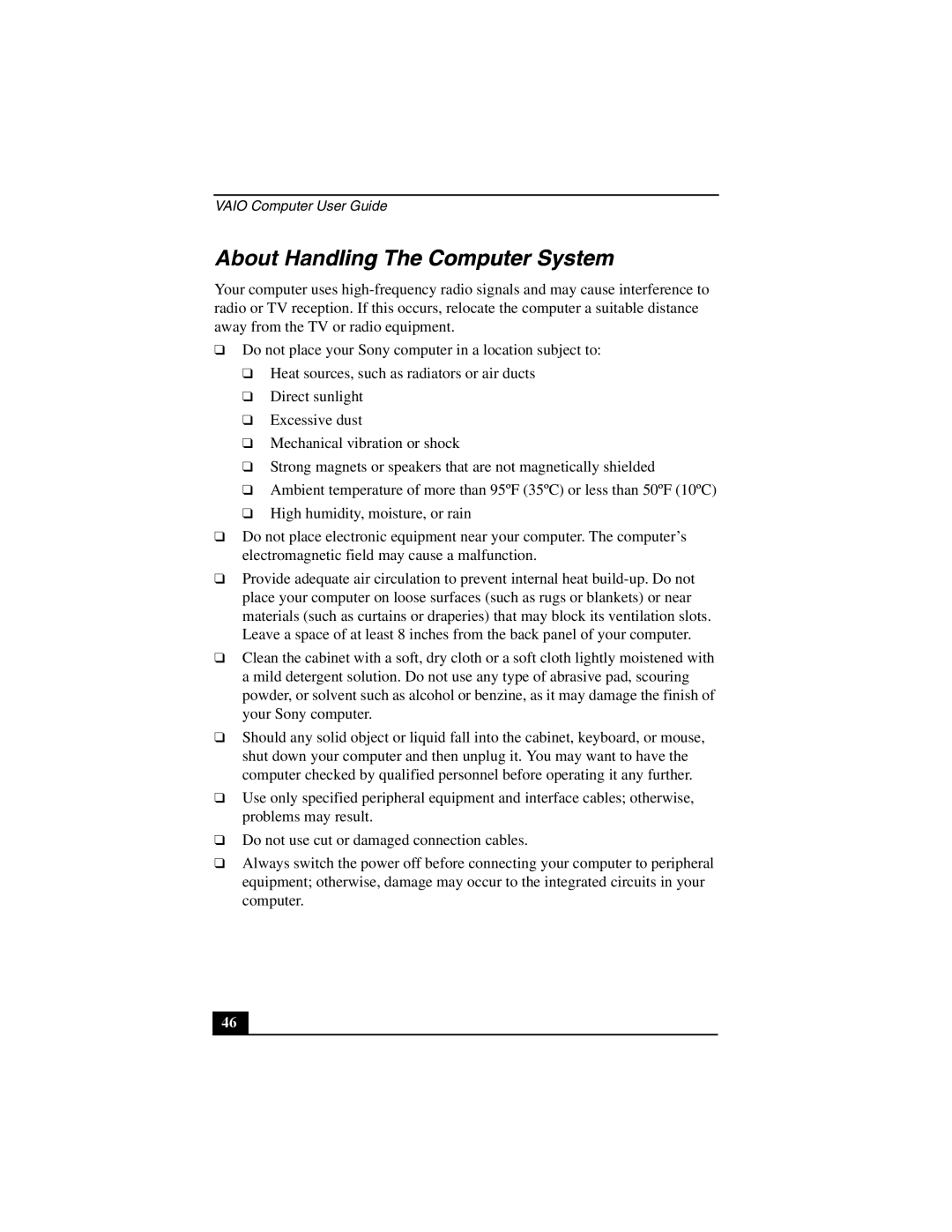 Sony PCV-W10 manual About Handling The Computer System 