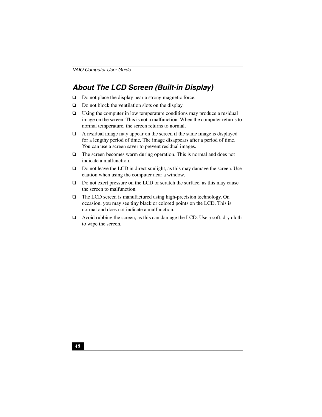 Sony PCV-W10 manual About The LCD Screen Built-in Display 