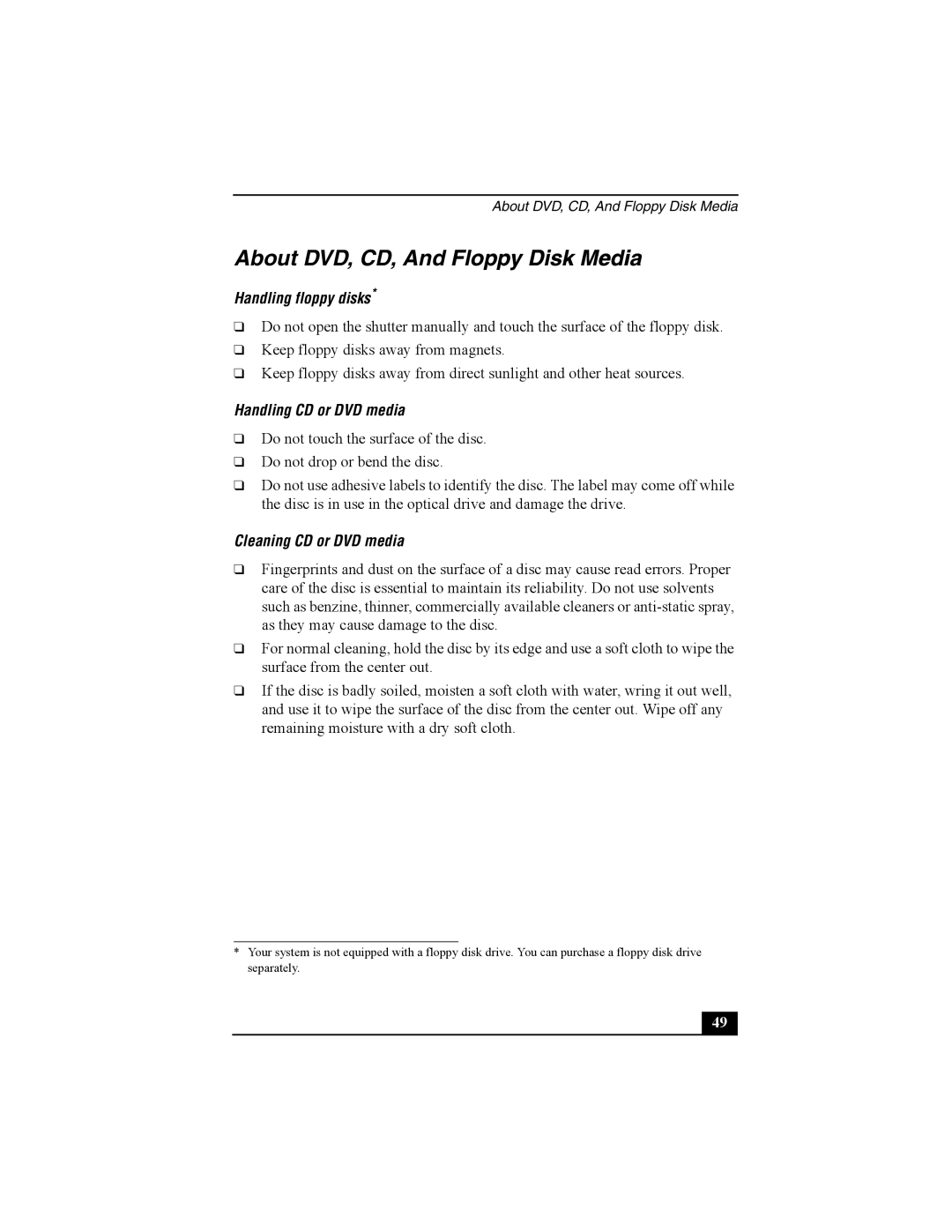 Sony PCV-W10 manual About DVD, CD, And Floppy Disk Media, Handling floppy disks, Handling CD or DVD media 