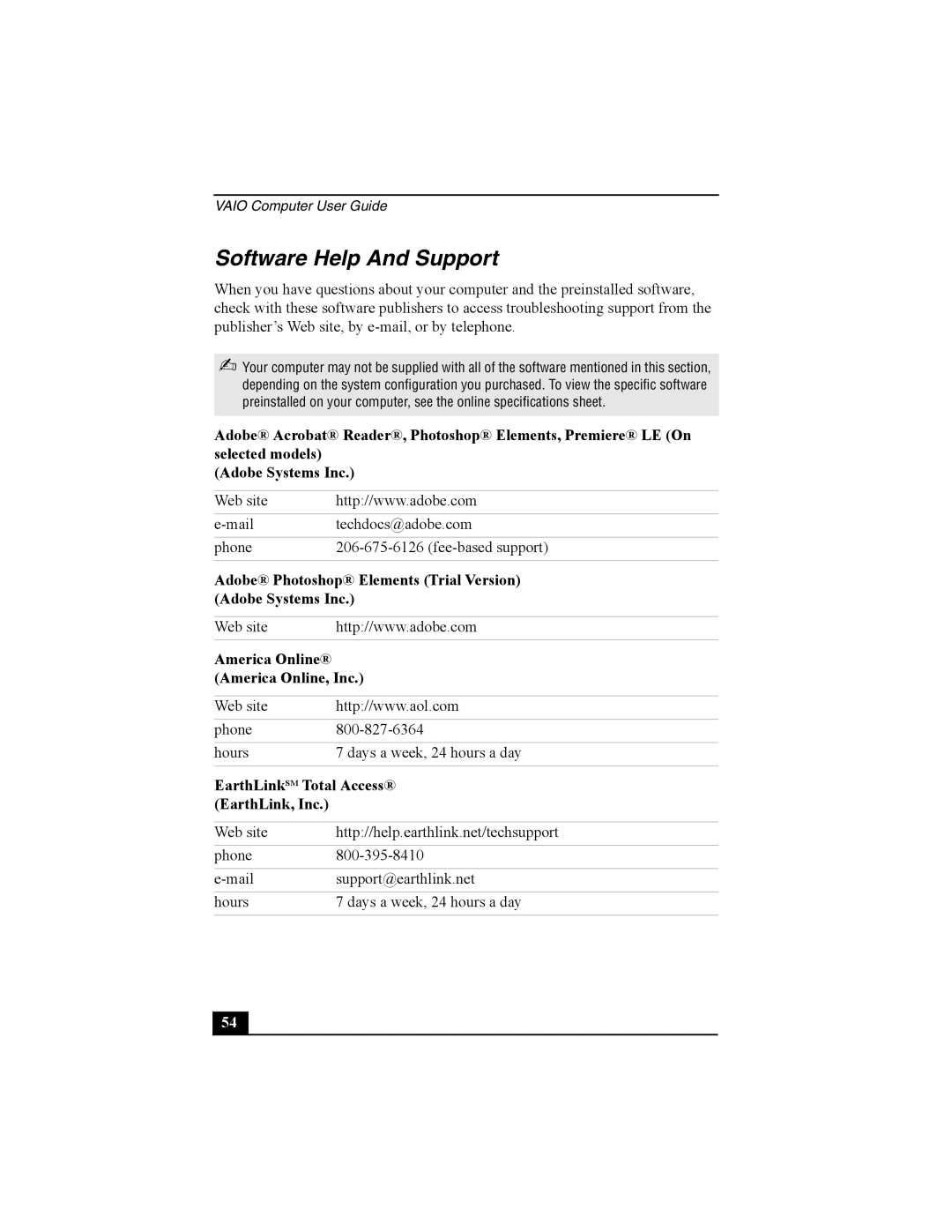 Sony PCV-W10 manual Software Help And Support, EarthLink, Inc 