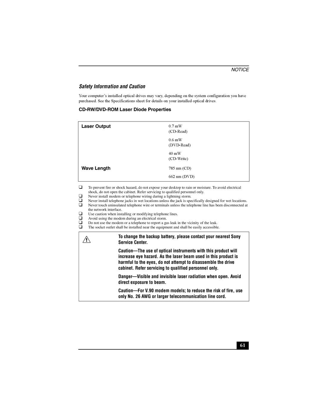 Sony PCV-W10 manual Safety Information and Caution, Wave Length 