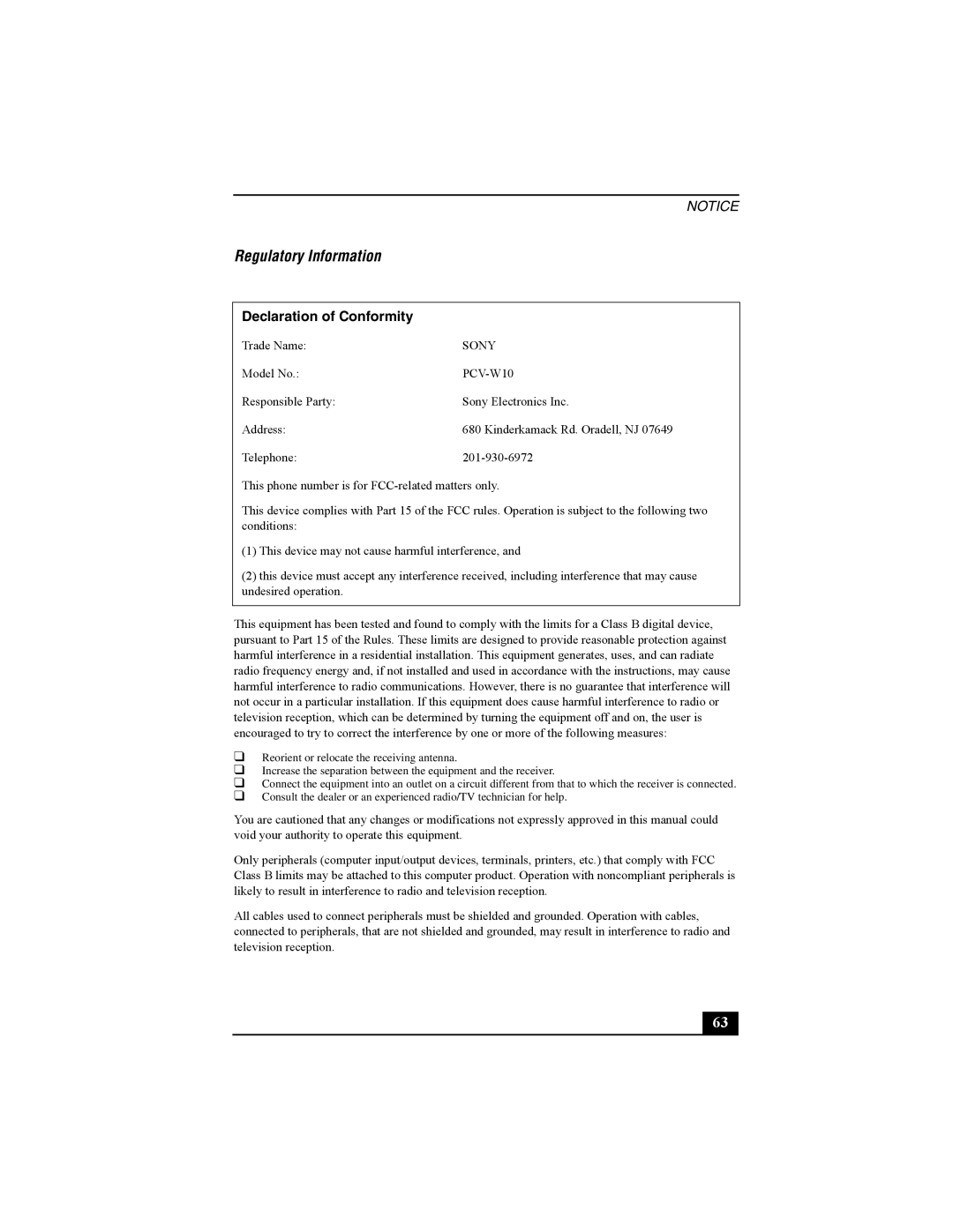 Sony PCV-W10 manual Regulatory Information, Declaration of Conformity 