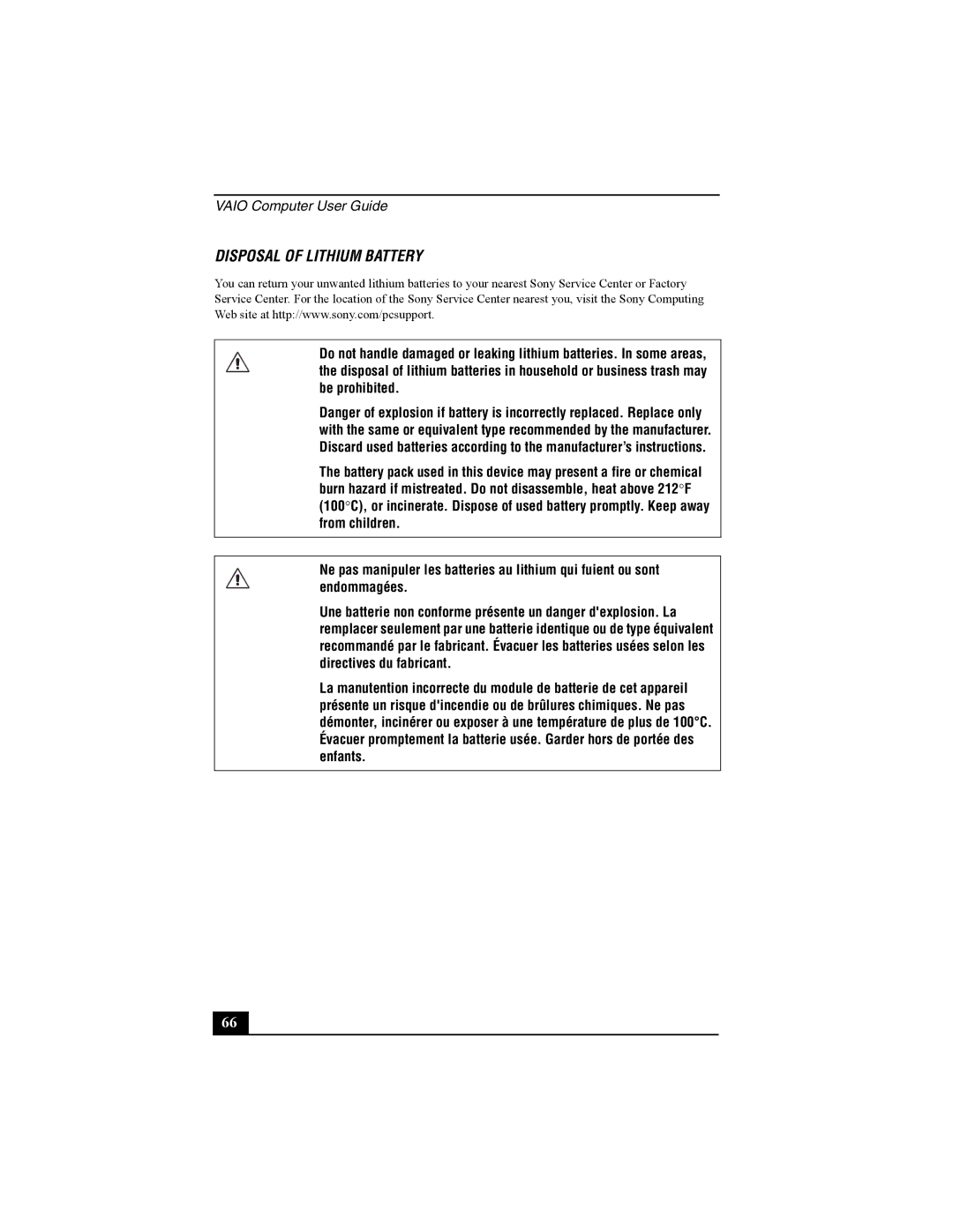 Sony PCV-W10 manual Disposal of Lithium Battery 