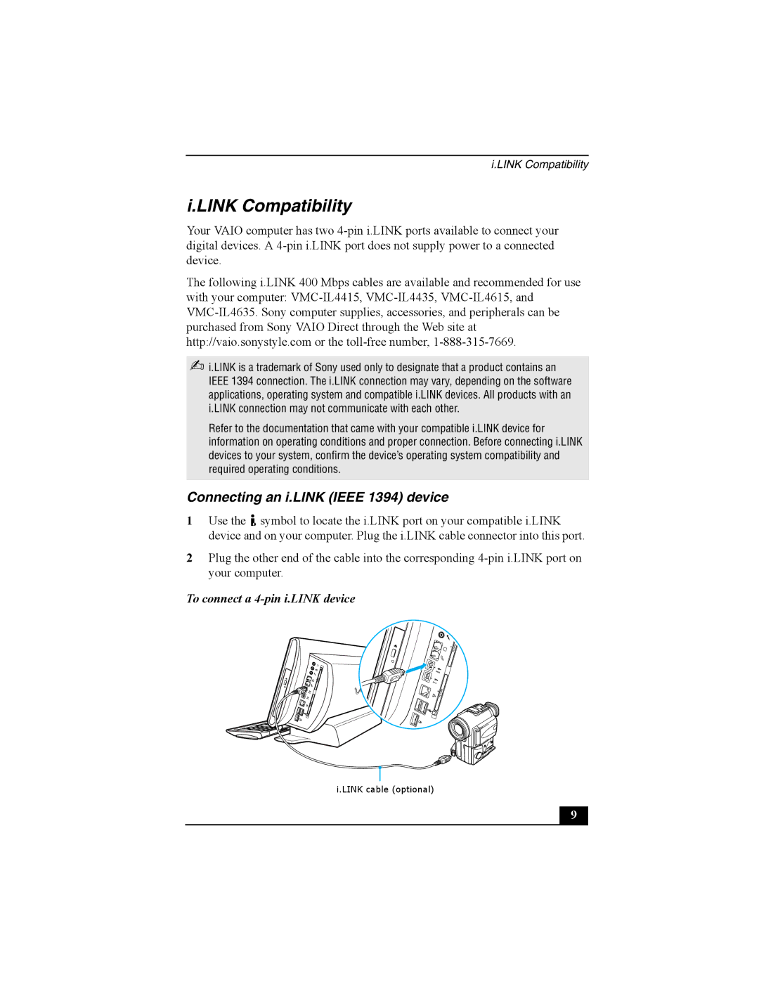 Sony PCV-W10 manual Link Compatibility, Connecting an i.LINK Ieee 1394 device 