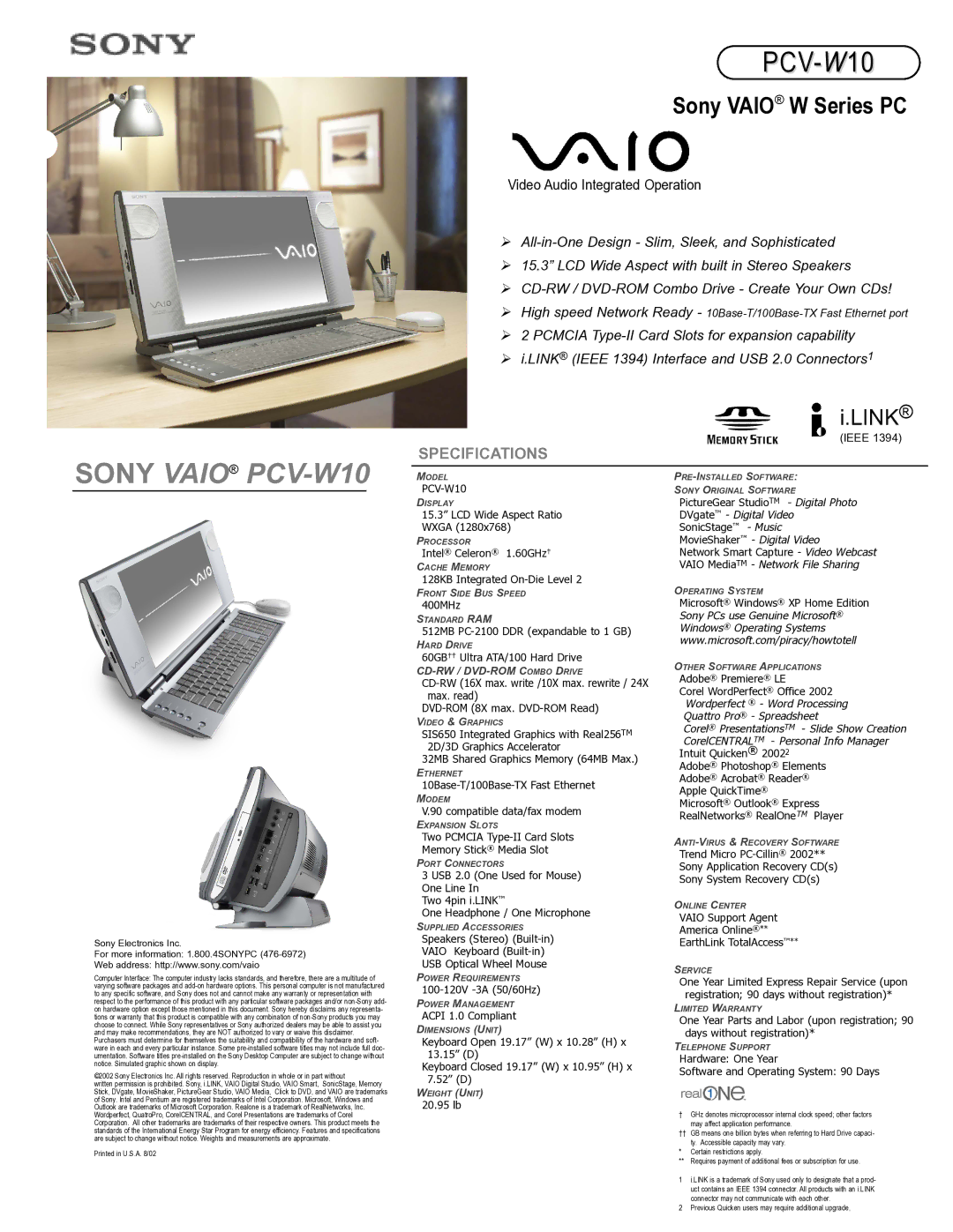 Sony specifications Sony Vaio PCV-W10, Sony Vaio W Series PC, CD-RW / DVD-ROM Combo Drive 