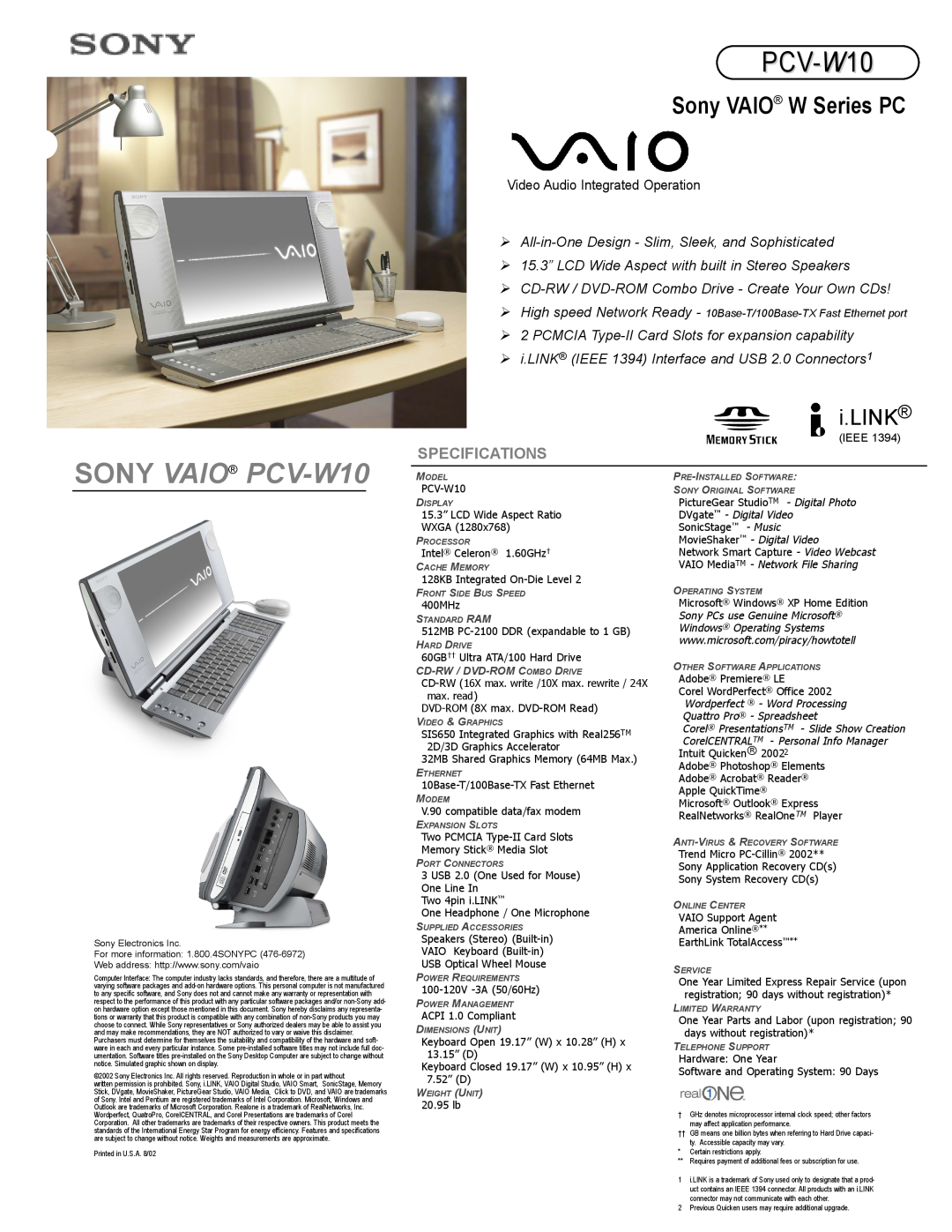 Sony specifications SONY VAIO PCV-W10, Sony VAIO W Series PC, i.LINK, Specifications, Video Audio Integrated Operation 
