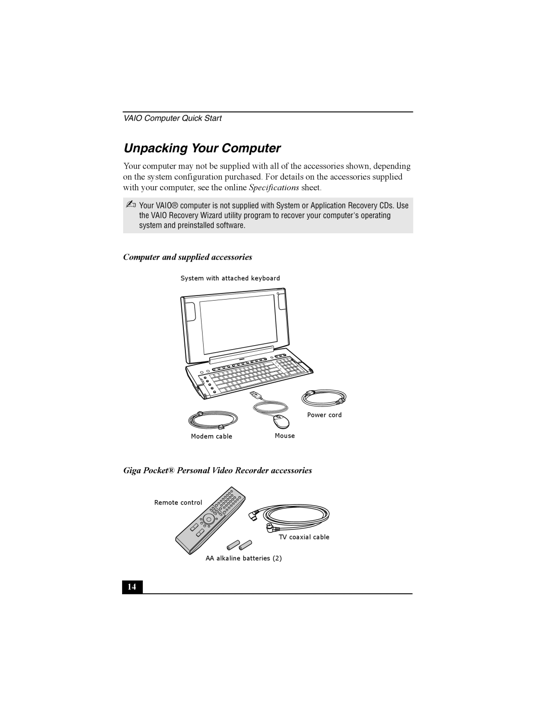 Sony PCV-W600G Unpacking Your Computer, Computer and supplied accessories, Giga Pocket Personal Video Recorder accessories 