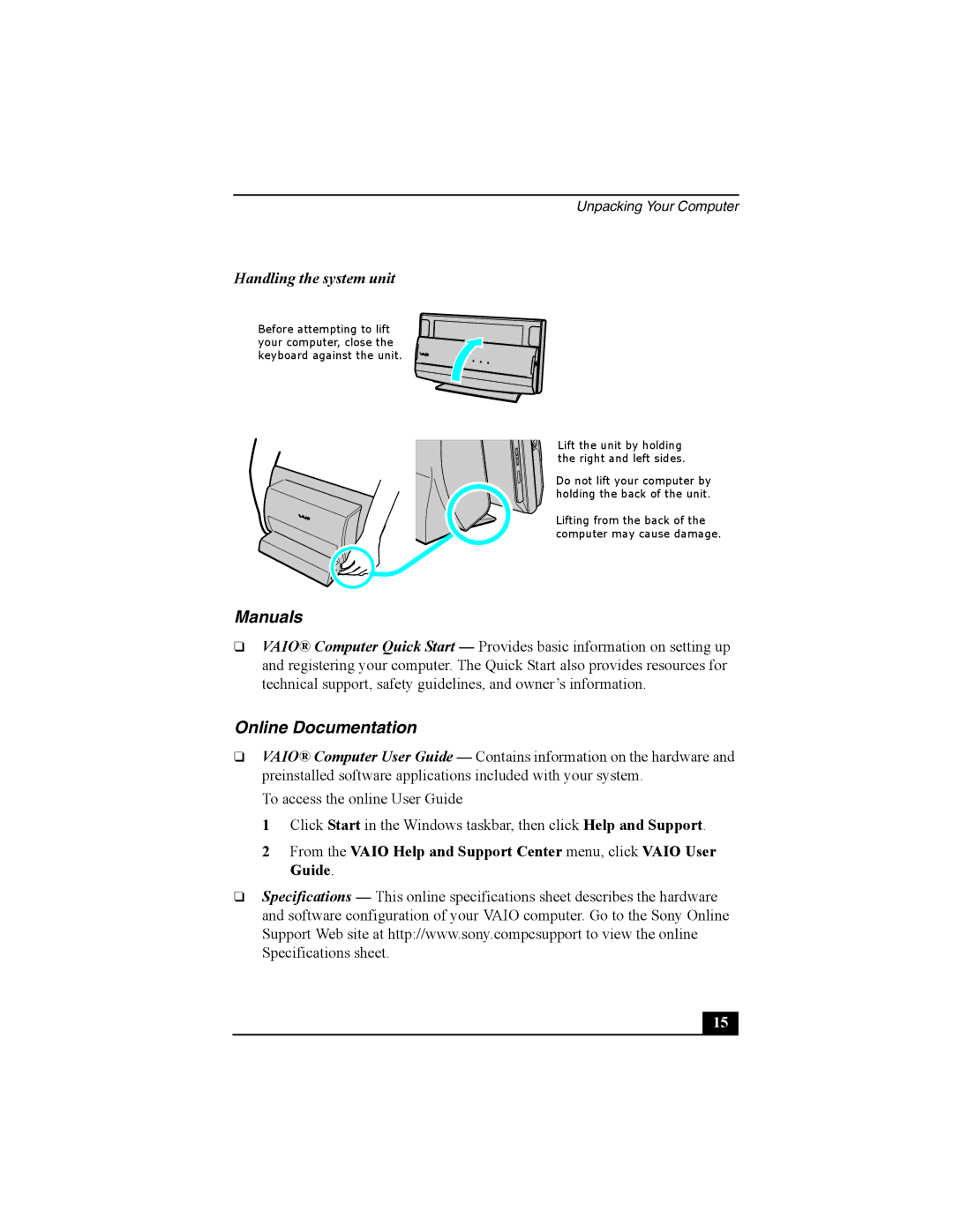 Sony PCV-W600G quick start Manuals, Online Documentation, Handling the system unit 