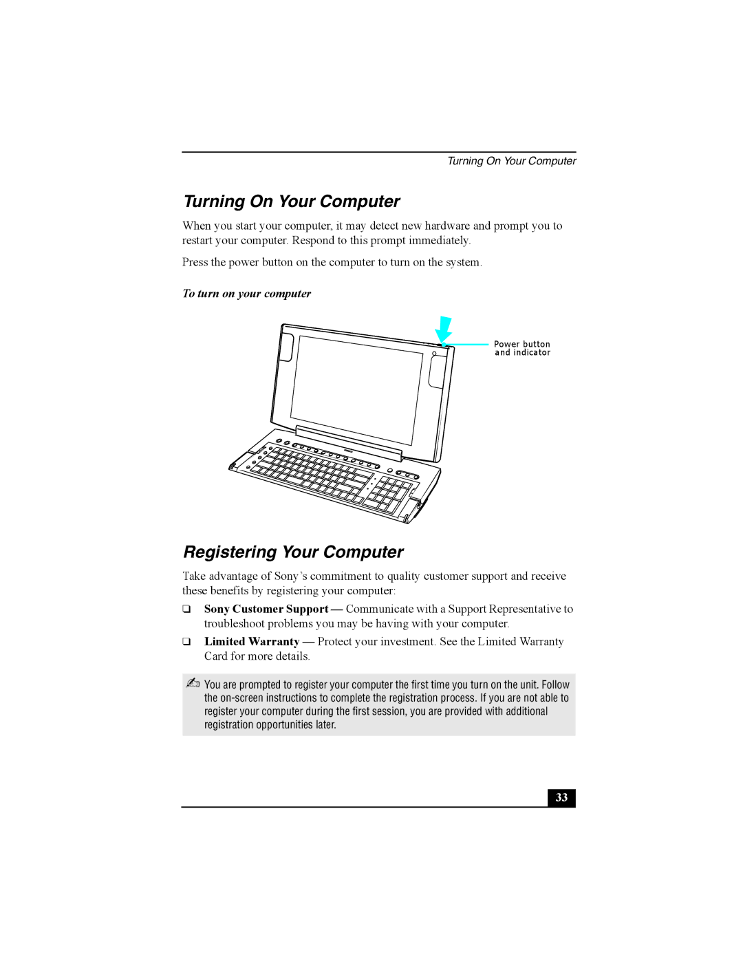 Sony PCV-W600G quick start Turning On Your Computer, Registering Your Computer, To turn on your computer 