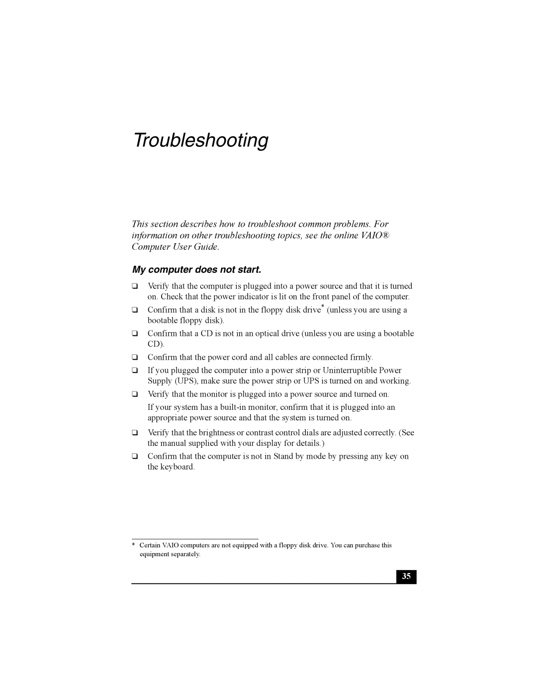 Sony PCV-W600G quick start Troubleshooting, My computer does not start 