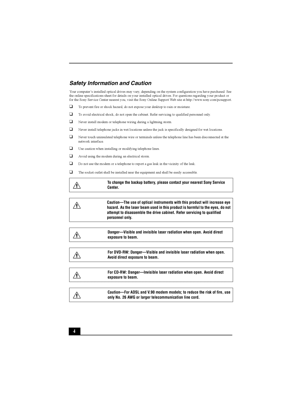 Sony PCV-W600G quick start Safety Information and Caution 