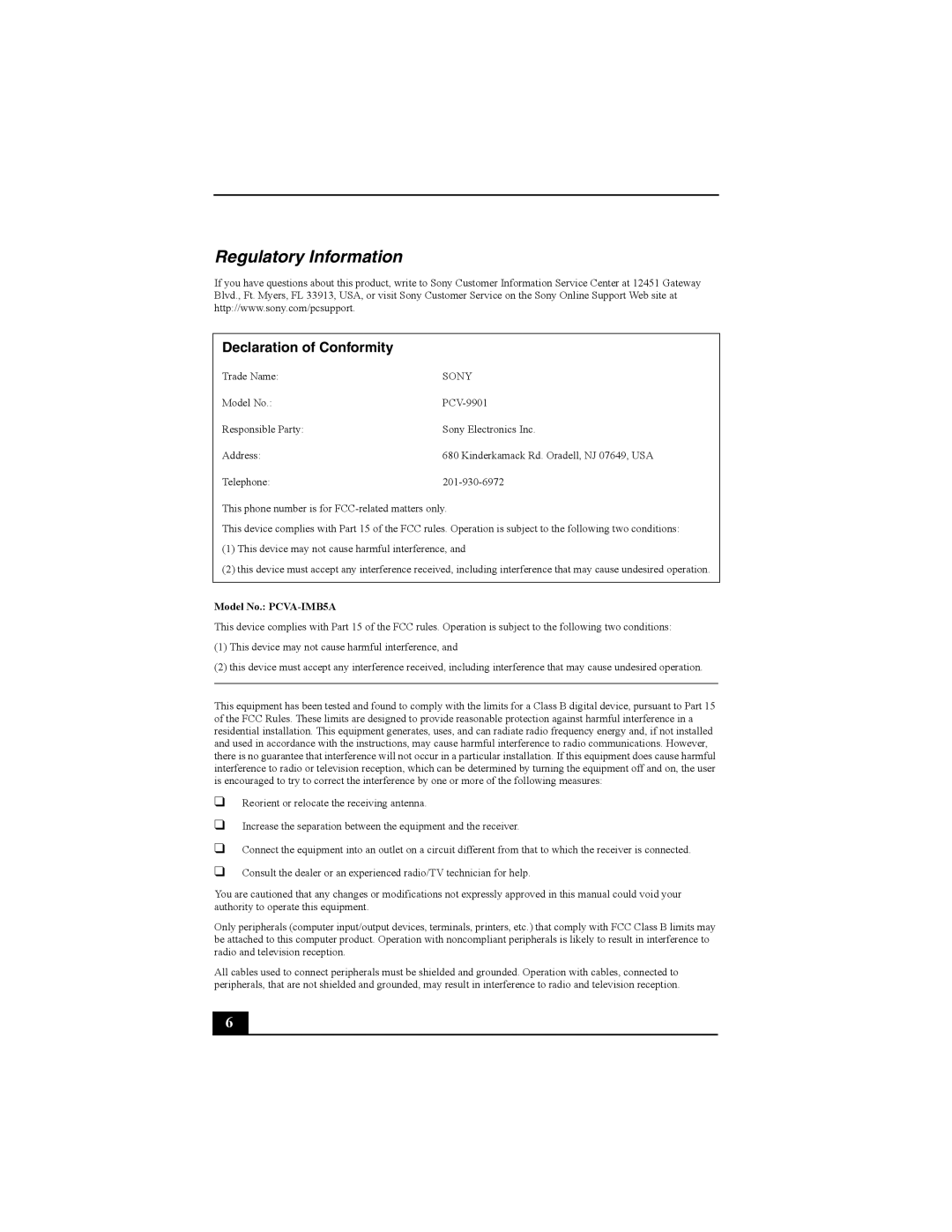 Sony PCV-W600G quick start Regulatory Information, Declaration of Conformity 