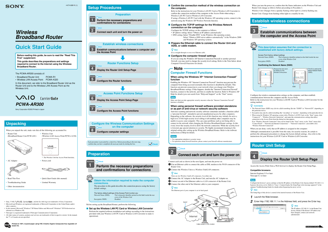 Sony 276, PCWA-AR300, Network Router quick start Wireless Broadband Router, Connect each unit and turn the power on 