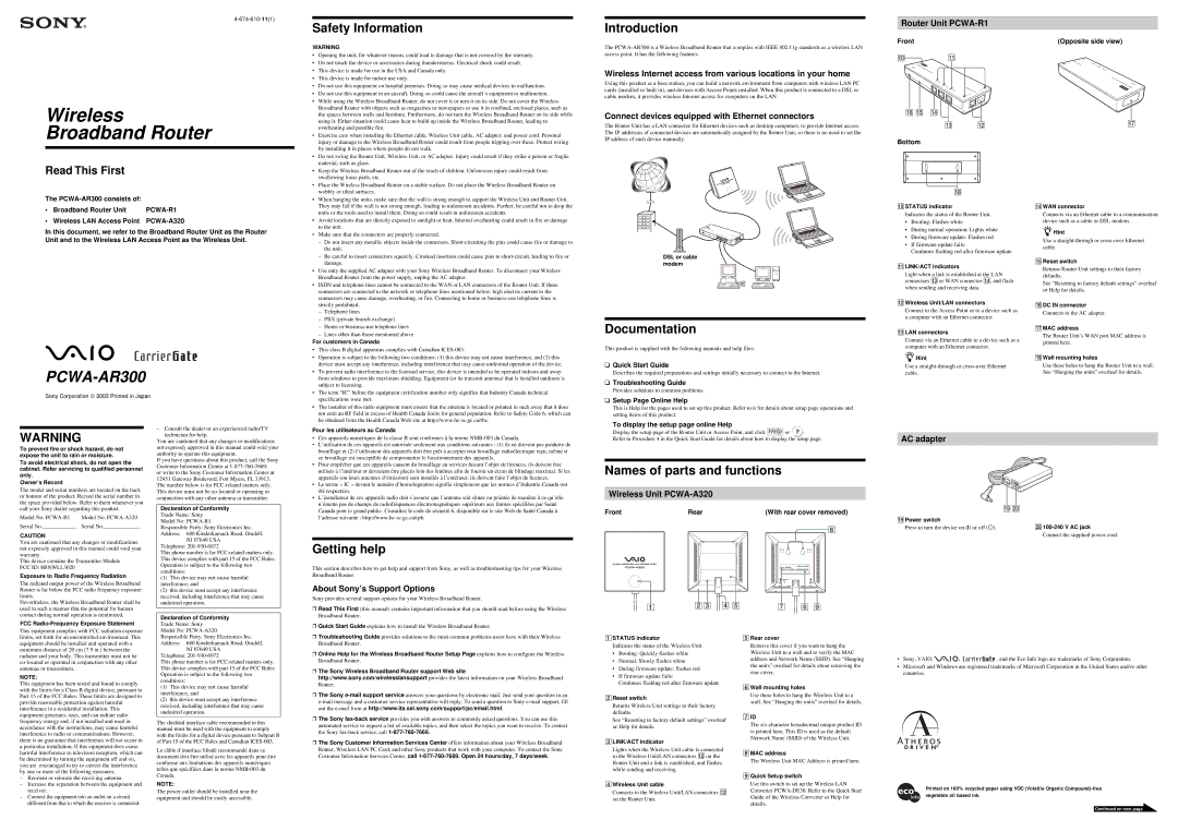 Sony PCWA-AR300 quick start Safety Information, Introduction, Documentation, Names of parts and functions, Getting help 