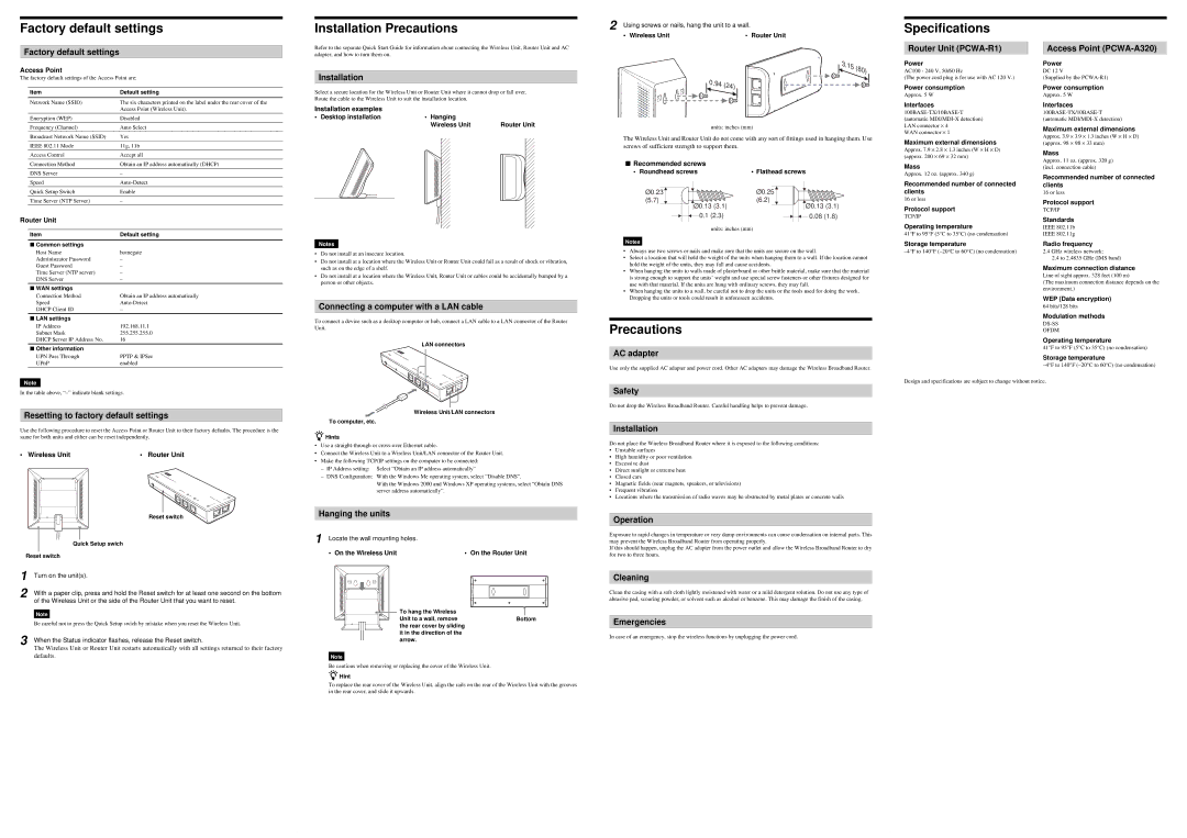 Sony PCWA-AR300 quick start Factory default settings, Installation Precautions, Specifications 