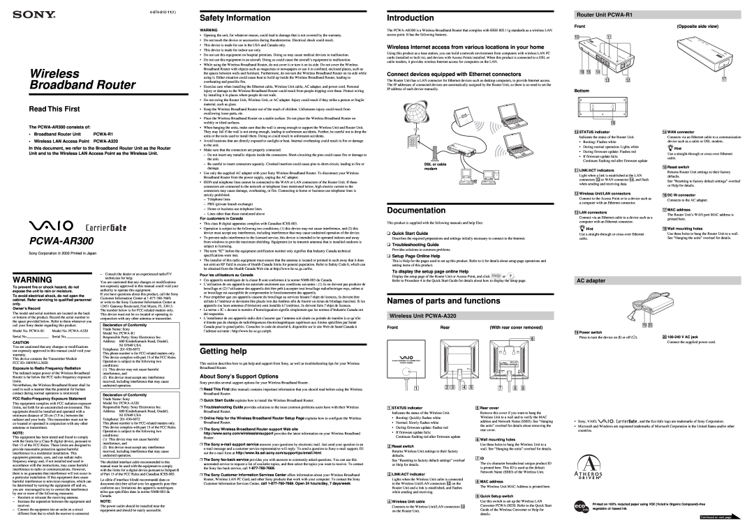Sony PCWA-AR300 quick start Safety Information, Introduction, Documentation, Names of parts and functions, Getting help 
