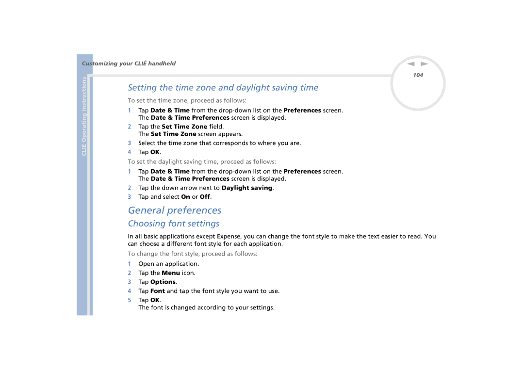 Sony PEG-N770C/E General preferences, Setting the time zone and daylight saving time, Choosing font settings, Tap Options 