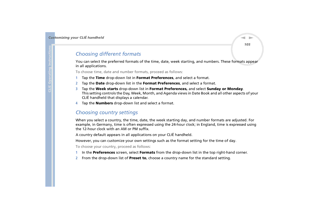 Sony PEG-N770C/E manual Choosing different formats, Choosing country settings, All applications 