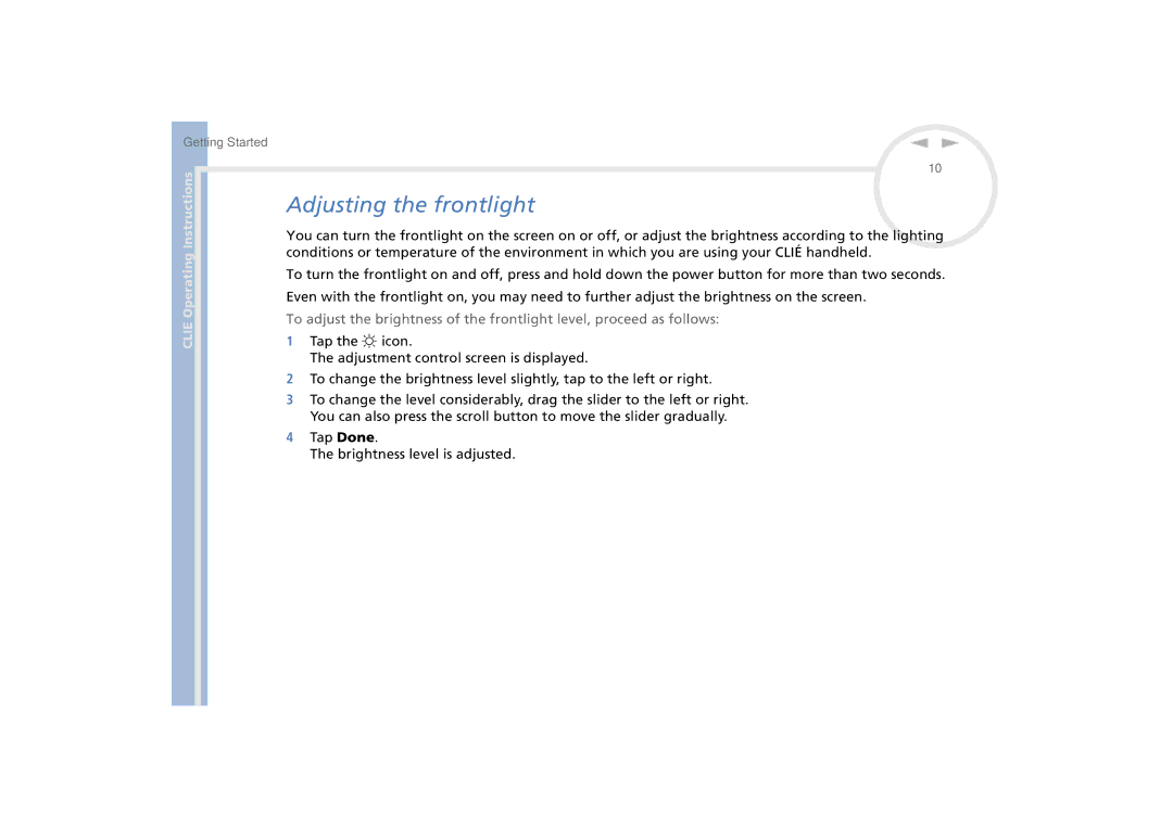 Sony PEG-N770C/E manual Adjusting the frontlight 