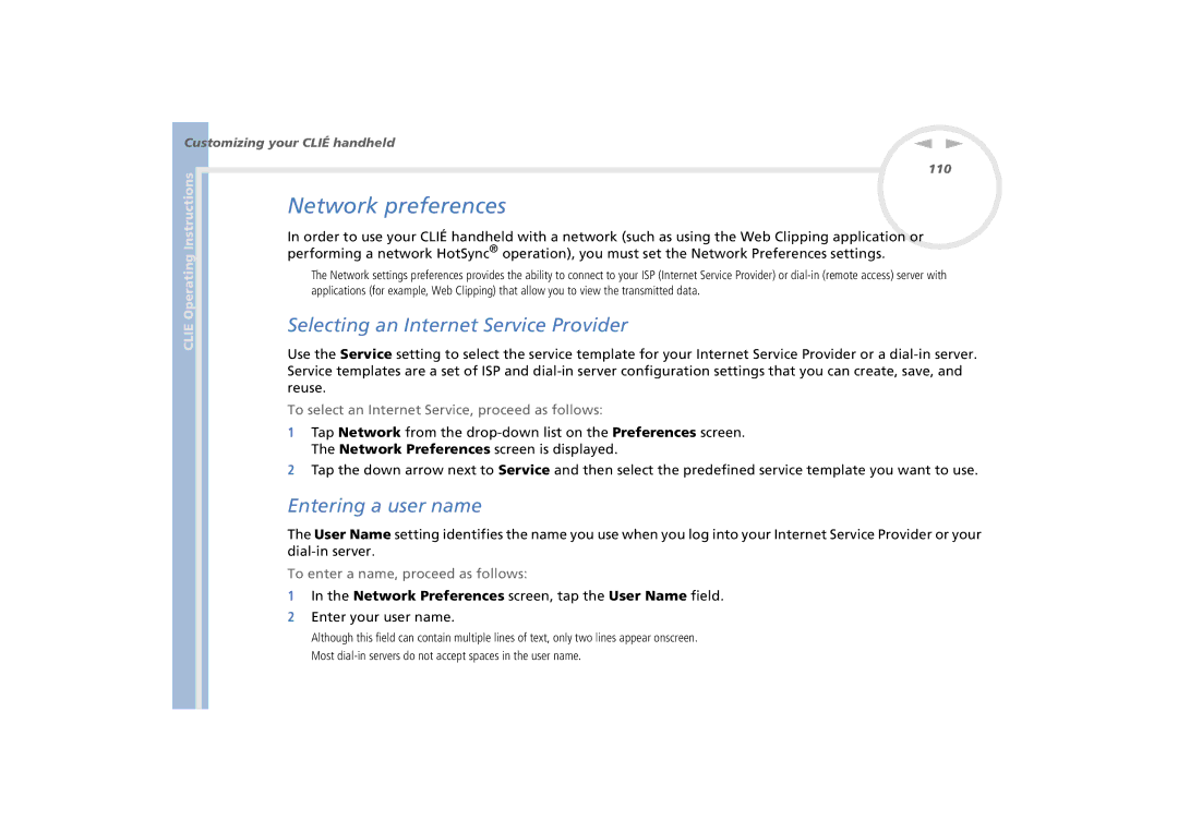 Sony PEG-N770C/E manual Network preferences, Selecting an Internet Service Provider, Entering a user name 