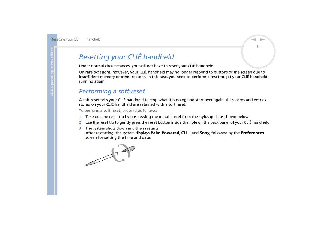 Sony PEG-N770C/E manual Resetting your Clié handheld, Performing a soft reset, To perform a soft reset, proceed as follows 