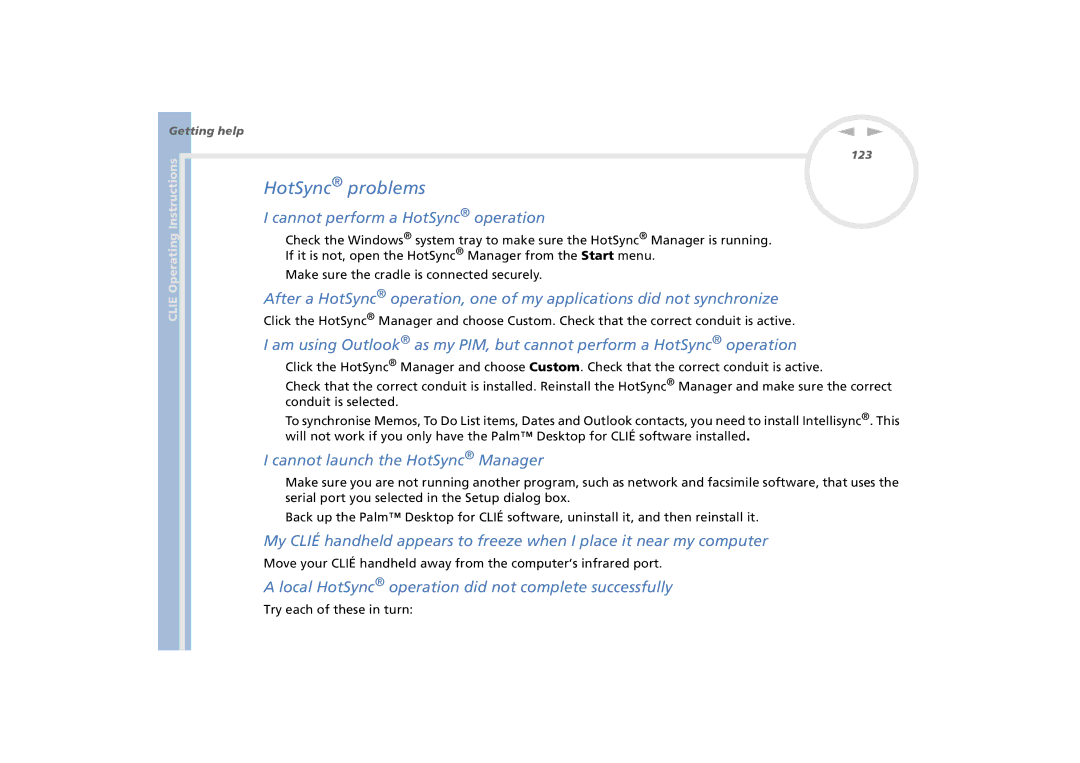 Sony PEG-N770C/E manual HotSync problems, Cannot perform a HotSync operation, Cannot launch the HotSync Manager 