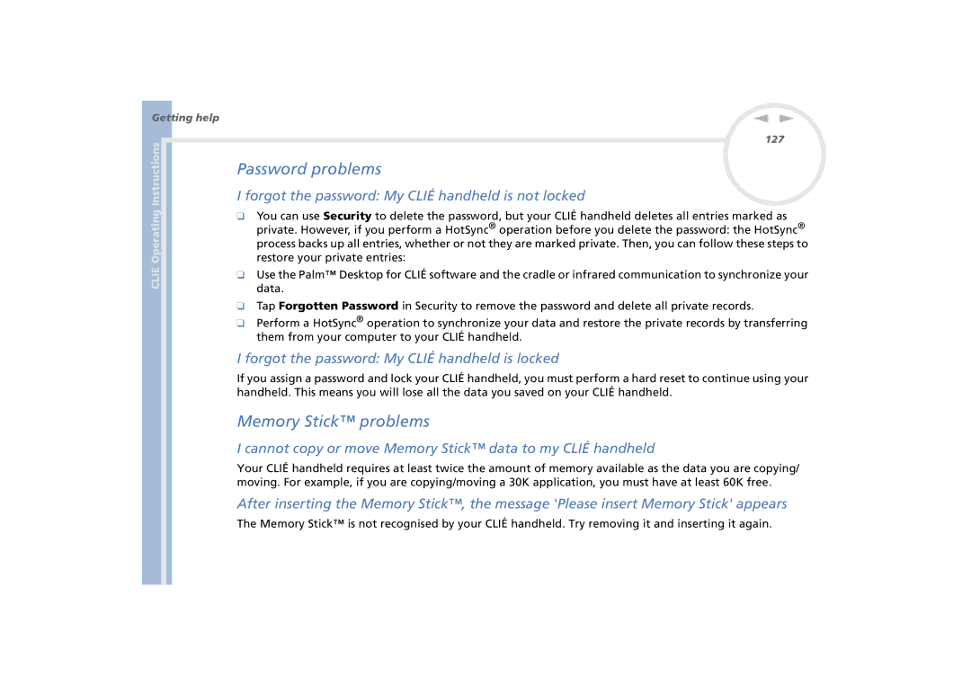 Sony PEG-N770C/E manual Password problems, Memory Stick problems, Forgot the password My Clié handheld is not locked 