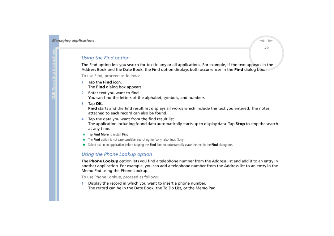 Sony PEG-N770C/E manual Using the Find option, Using the Phone Lookup option, To use Find, proceed as follows 