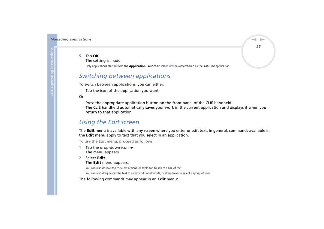 Sony PEG-N770C/E manual Switching between applications, Using the Edit screen, To use the Edit menu, proceed as follows 