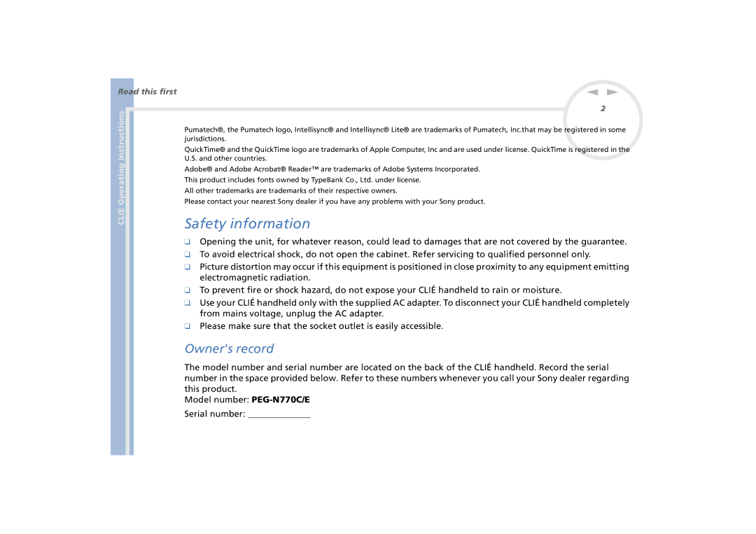 Sony PEG-N770C/E Safety information, Owners record, Electromagnetic radiation, From mains voltage, unplug the AC adapter 