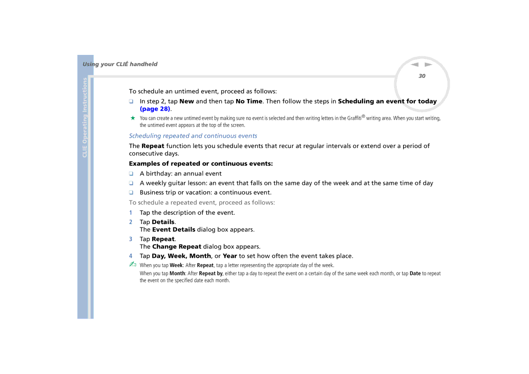 Sony PEG-N770C/E manual Scheduling repeated and continuous events, Examples of repeated or continuous events, Tap Details 