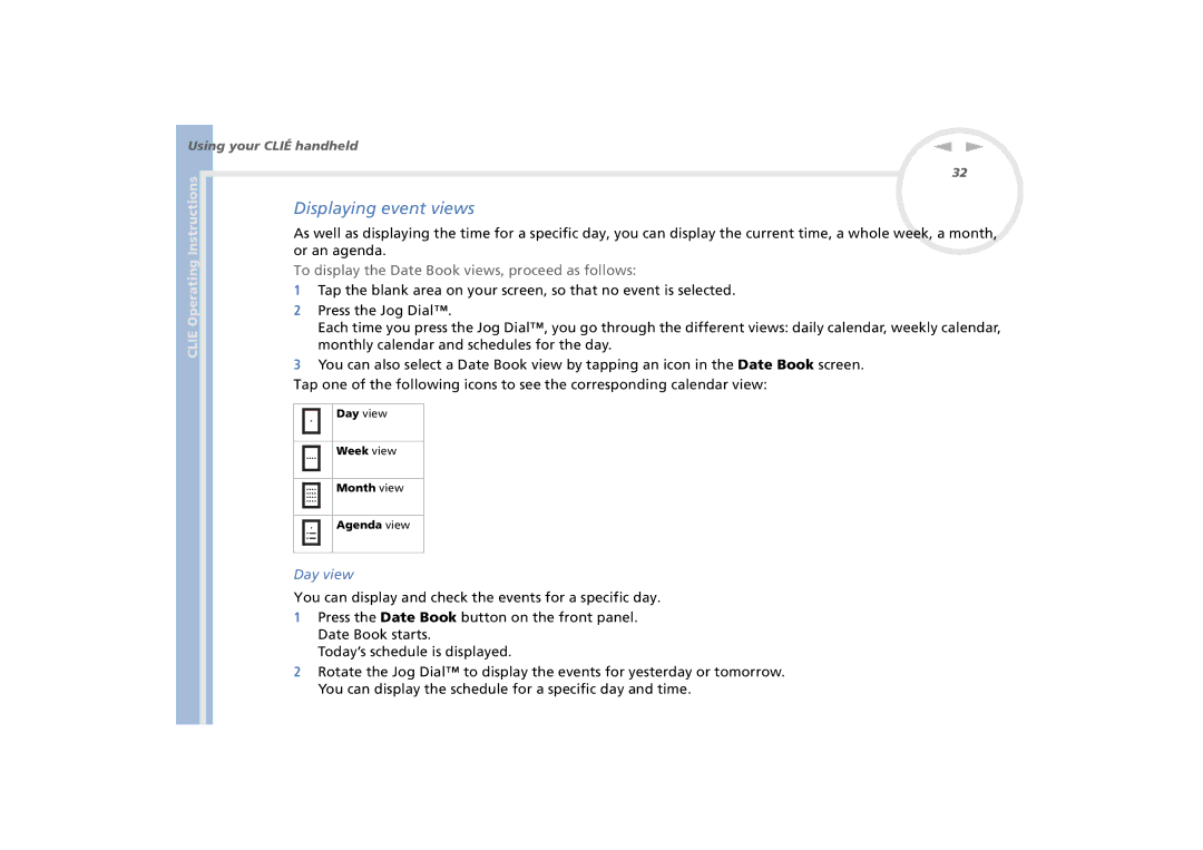 Sony PEG-N770C/E manual Displaying event views, Or an agenda, To display the Date Book views, proceed as follows, Day view 