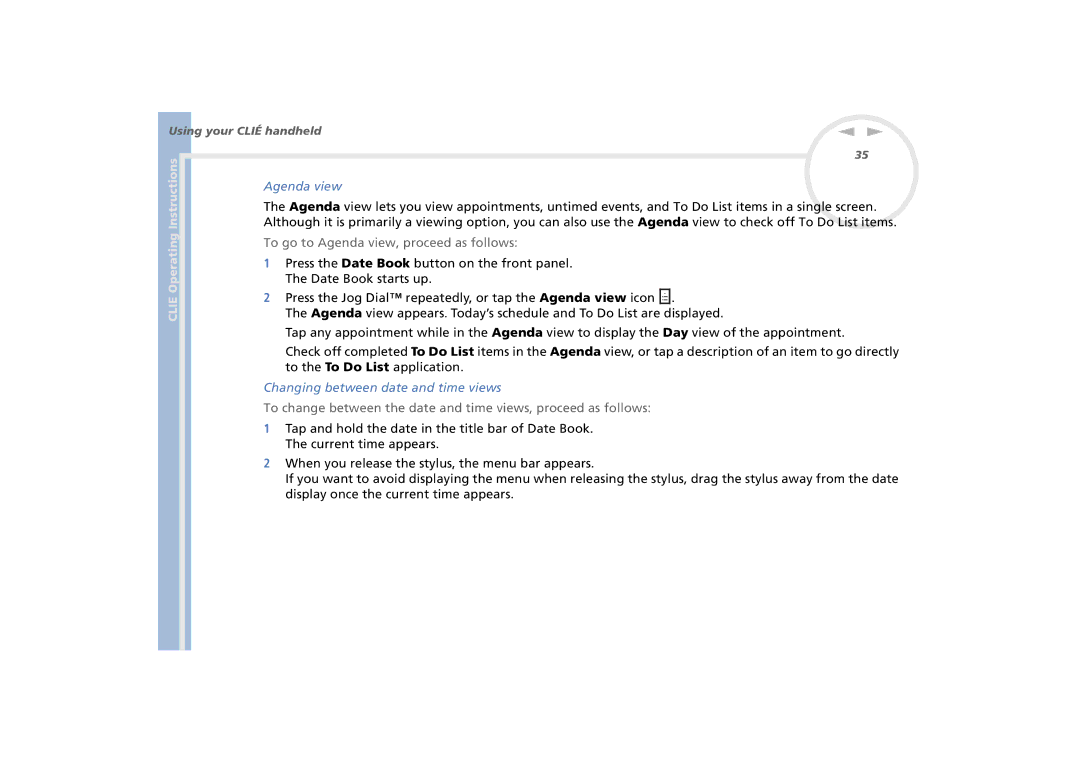 Sony PEG-N770C/E manual To go to Agenda view, proceed as follows, Changing between date and time views 