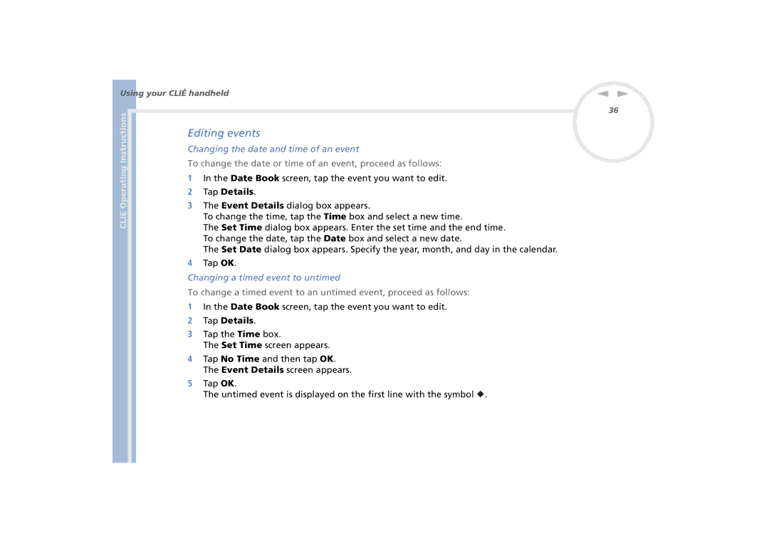 Sony PEG-N770C/E manual Editing events, Changing the date and time of an event, Changing a timed event to untimed 