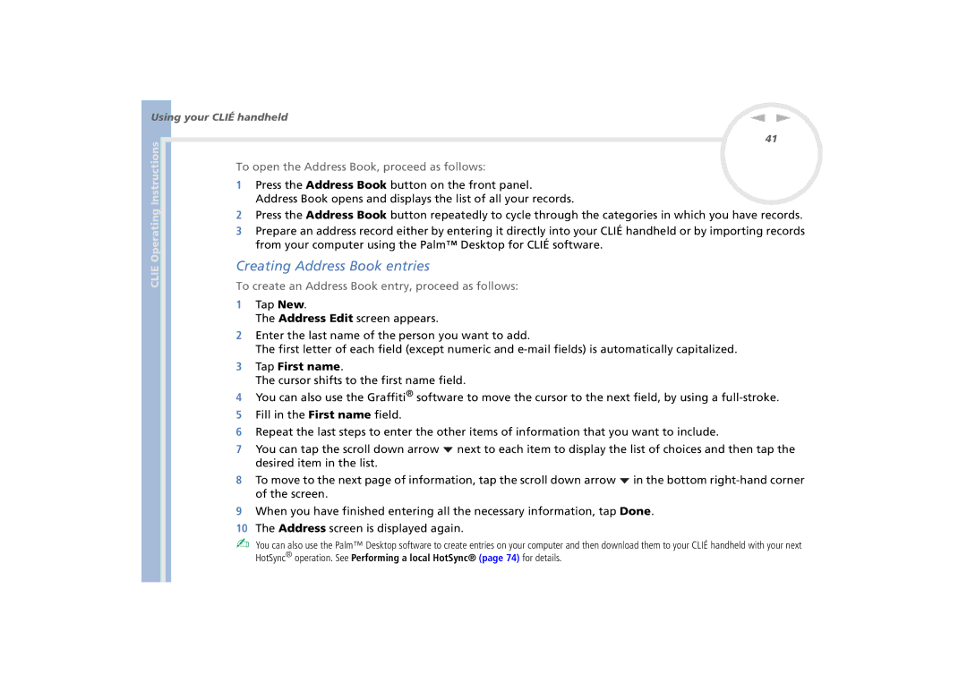 Sony PEG-N770C/E manual Creating Address Book entries, To open the Address Book, proceed as follows, Tap First name 