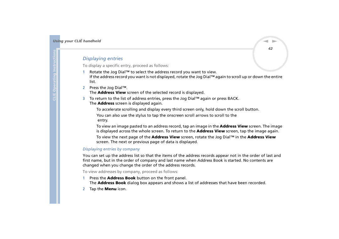 Sony PEG-N770C/E manual To display a specific entry, proceed as follows, Displaying entries by company 