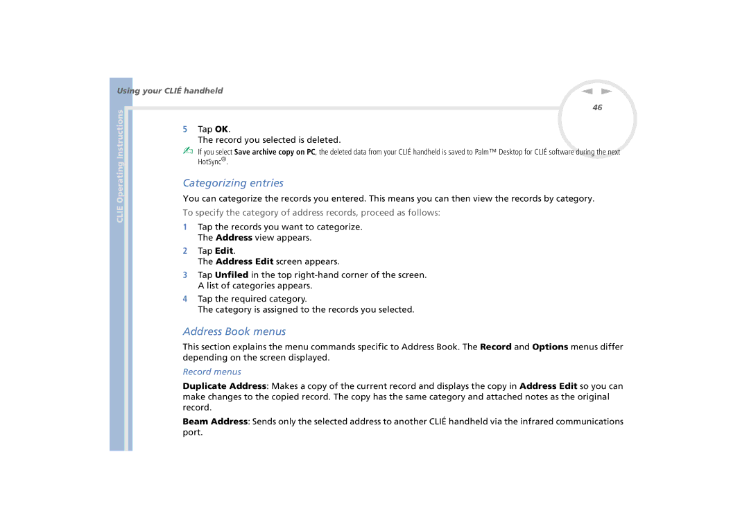 Sony PEG-N770C/E manual Categorizing entries, Address Book menus, Record menus 