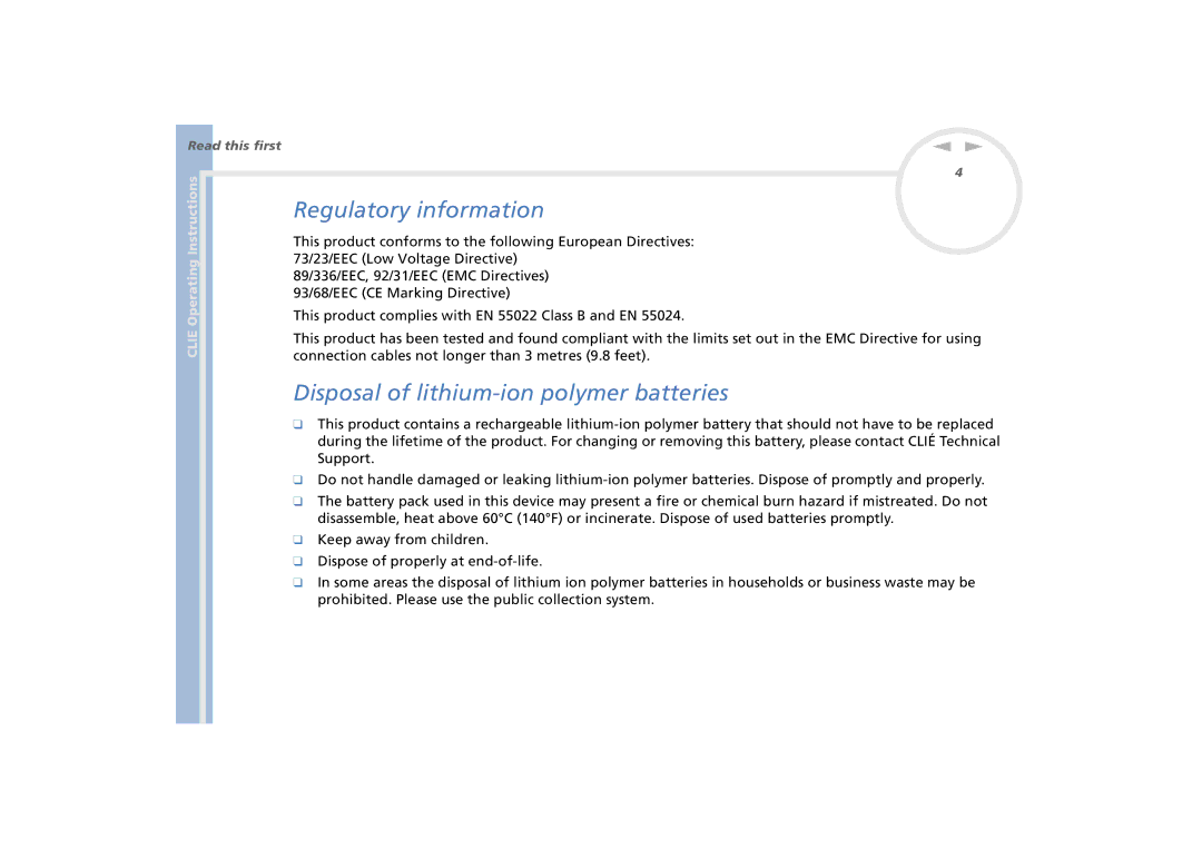 Sony PEG-N770C/E manual Regulatory information, Disposal of lithium-ion polymer batteries 