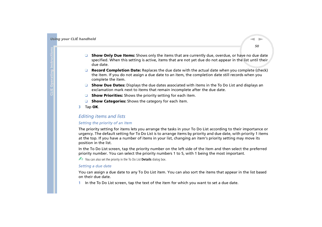 Sony PEG-N770C/E Editing items and lists, Due date, Complete the item, Setting the priority of an item, Setting a due date 