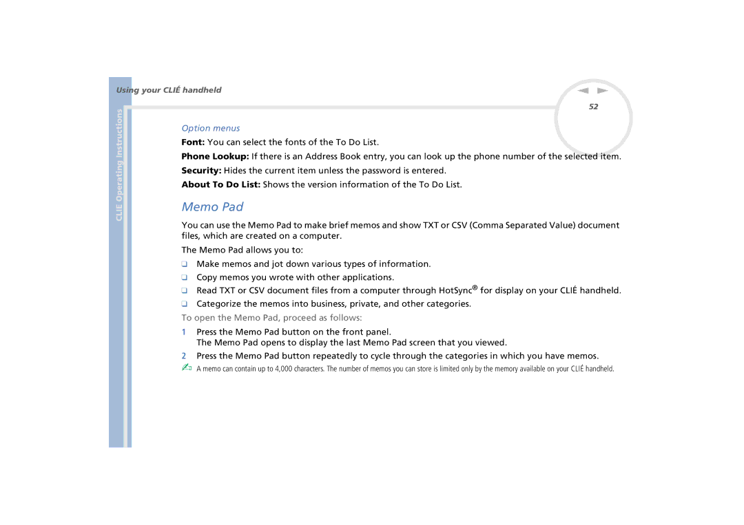 Sony PEG-N770C/E manual Font You can select the fonts of the To Do List, To open the Memo Pad, proceed as follows 