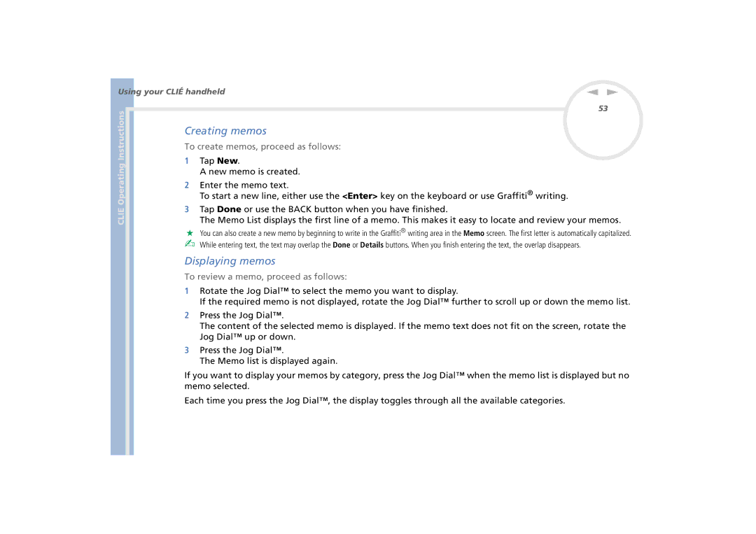 Sony PEG-N770C/E manual Creating memos, Displaying memos, To create memos, proceed as follows 