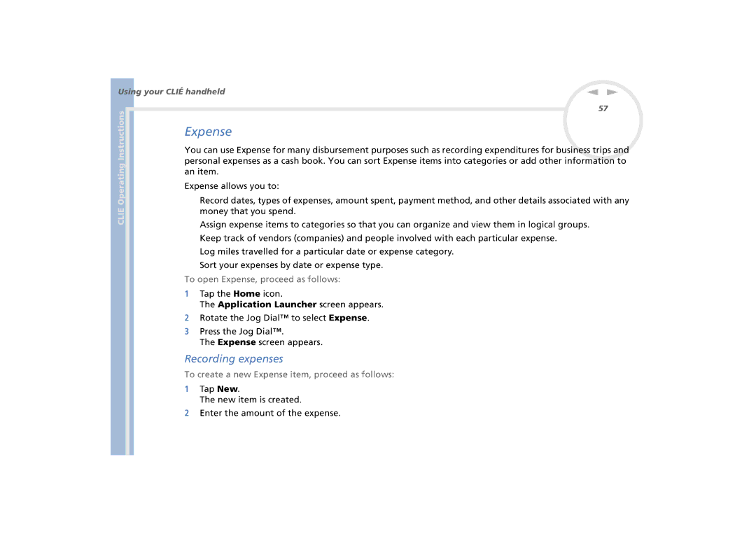 Sony PEG-N770C/E manual Recording expenses, To open Expense, proceed as follows, Application Launcher screen appears 